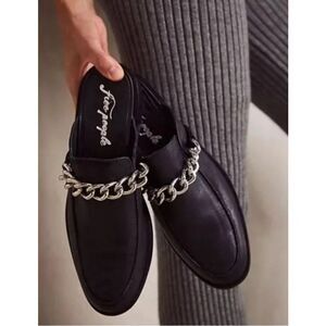 Free People Womens Leather Chain Slip-On Vida Mule Loafers Black‎ Size 37.5